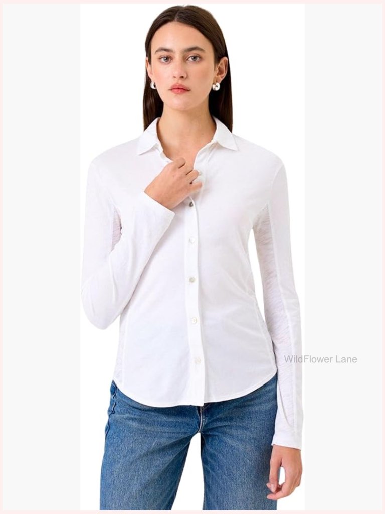 Women's Jersey Slub Button Down Shirt Long Sleeve Classic Fit